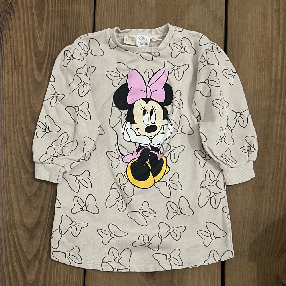 Zara Minnie Mouse Long Sleeve Dress- Gray and Pink